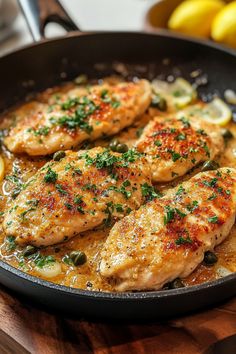 some chicken is cooking in a skillet with lemons and parsley on the side