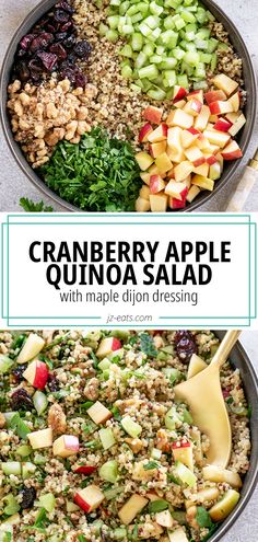 cranberry apple quinoa salad with maple dijon dressing in a skillet