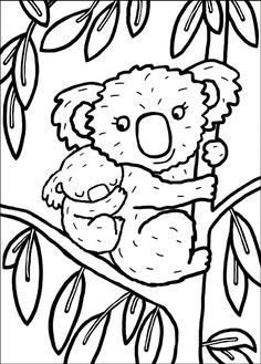 a koala bear sitting in a tree with leaves on it's branches, coloring page