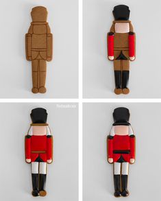 four different images of a nutcracker made out of felt and paper mache