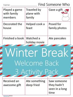 the winter break welcome back activity pack is shown in red, white and blue with snowmen