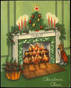 an old fashioned christmas card with a fireplace