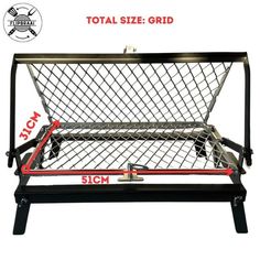 a large metal bed frame with two red handles and the measurements for each side is shown