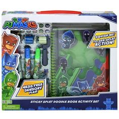 the pj masks activity set includes markers, pens, and stickers for kids