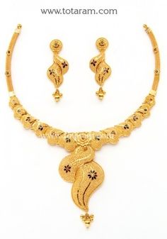 22K Gold Necklace & Drop Earrings Set - 235-GS1300 in 39.550 Grams 2 Tola Gold Set Design, Gold Set Design, Plain Jewelry, Unique Gold Jewelry Designs, 22k Gold Necklace, Temple Jewelry Necklace, Gold Jewellry, Necklace Set Indian, 22k Gold Jewelry