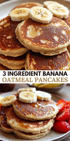 three different pancakes with bananas and strawberries on the side, one is topped with