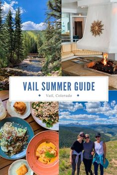 two people standing in front of a fire pit with food on it and the words vail summer guide written below