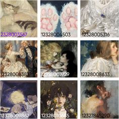 several pictures of women in white dresses with numbers on them and the same image as paintings