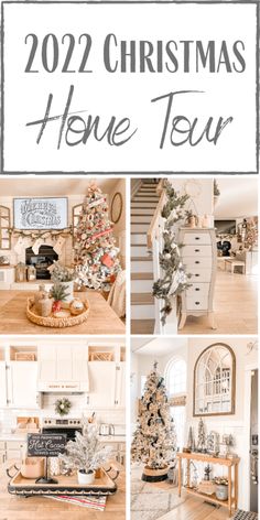 a collage of photos with the words cozy christmas home tour written in black and white