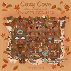 a map of cozy cove in the fall with leaves surrounding it and text that reads cozy cove