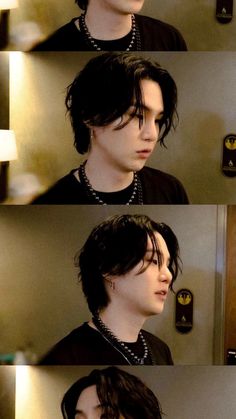 three different shots of a man with black hair and pearls on his neck, in front of a mirror