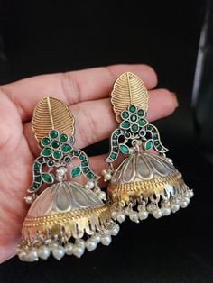 Jhumka earrings Around 3 inches Brass made South Indian Jewellery, Jhumka Earrings, Indian Jewellery, Brass, Green, Red