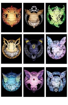 six different colored masks are shown in the shape of cats and dogs, all on black background