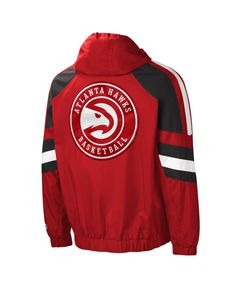 Flaunt your team pride in true Atlanta Hawks style with The Pro Ii half-zip jacket from Starter. It offers fresh team embroidery and a stylish Atlanta Hawks applique that showcases your unwavering spirit. Along with a wide array of pockets for maximum storage, its strong and stretchy nylon fabric and the zipper removable hood make this the perfect heavyweight piece for your outerwear collection. Red Functional Long Sleeve Hooded Jacket, Urban Style Red Windbreaker For Sports, Red Hooded Outerwear For Sports Events, Red Sportswear Hooded Jacket For Sports, Red Sportswear Outerwear For Outdoor Activities, Red Winter Windbreaker For Sports Events, Red Sportswear Outerwear For Sports Events, Red Hooded Track Jacket For Sports, Red Hooded Track Jacket For Outdoor Activities