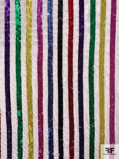 Bring the party with this multicolor and white rainbow striped sequins on silk crepe de chine designer fashion fabric. SKU: 12303 Content: 100% Silk Color: Multicolor / White Width: 44 inches Multicolor Glitter Sequin Fabric For Summer, Summer Multicolor Glitter Sequin Fabric, Multicolor Sequin Fabric For Festive Party Season, Festive Multicolor Contrast Sequin Fabric, Multicolor Glitter Sequin Fabric For Party Season, White Rainbow, Silk Crepe, Rainbow Stripes, Fashion Fabric