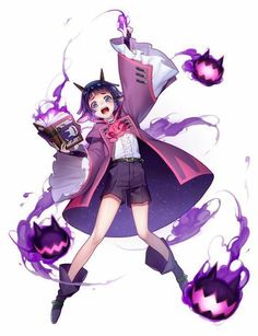 an anime character with purple hair holding a book and wearing a cape, standing in front of