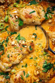 two pieces of chicken in a yellow sauce with green onions and pine nuts on the side