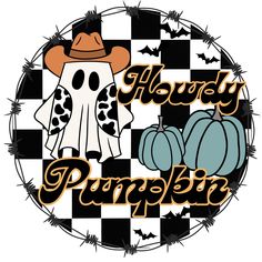 a black and white checkered background with an image of a cartoon character wearing a cowboy hat