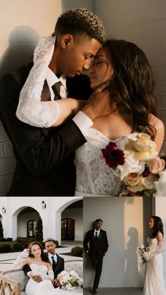 the bride and groom are posing for pictures