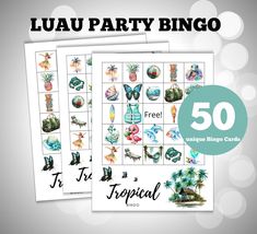 two tropical themed party games with the text, 50 free printable luau party bingo