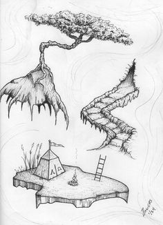 a drawing of a tree, house and ladders in the water with trees growing out of it