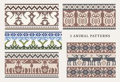 four different knitted patterns with animals and flowers