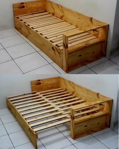 the bed frame is made out of wood