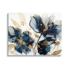 an abstract painting with blue flowers and gold leaves on white canvas, mounted to the wall