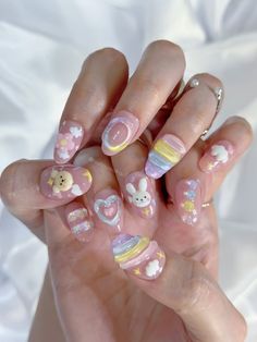 Cute 3d Gel Nails, Pastel Nails With Charms, Press On Nails Aesthetic Short, Korean 3d Jelly Nails, Kawaii Nails Medium, Sculpture Gel Nails Art, Korean Short Nails Ideas, Pastel 3d Nails, Cute Nails 3d