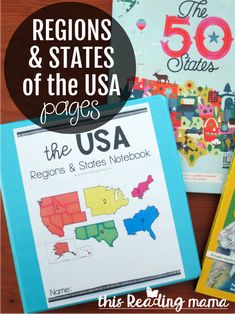 three books with the words regions and states of the usa on them in front of each other