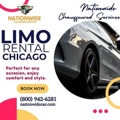 an advertisement for limo rental chicago with a photo of a car on the front and back