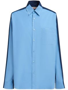 blue cotton panelled design two-tone design decorative stitching embroidered logo at the chest front patch pocket classic collar front button fastening long sleeves buttoned cuffs curved hem Luxury Long Sleeve Blue Shirt, Luxury Blue Long Sleeve Shirt, Luxury Blue Cotton Shirt, Decorative Stitching, City Dress, Twill Shirt, Iconic Bags, Dolce E Gabbana, Summer Beach Wear