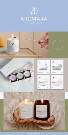 the website for aromaa is displayed with candles and soaps in front of it