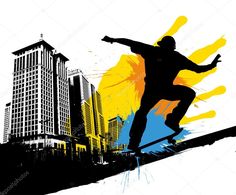 a man riding a skateboard on top of a graffiti covered slope in front of tall buildings