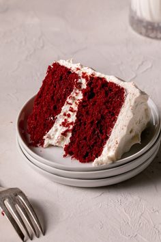 a slice of red velvet cake on a plate with the words perfect for valentine's day or special occasions