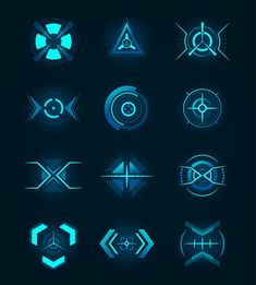 a set of futuristic blue and black icons