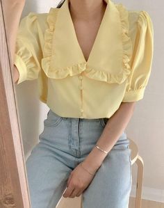 Cute Fitted Spring Blouse, Cute Fitted Blouse For Spring, Casual Fitted Blouse With Cute Collar, Trendy Doll Collar Top For Summer, Cute Shirt With Doll Collar For Spring, Cute Doll Collar Shirt For Spring, Trendy Ruffled Collar Top, Solid Color Blouse With Collar For Spring, Cute Doll Collar Summer Blouse