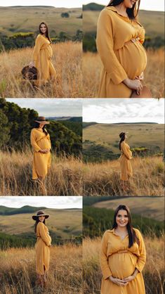 a pregnant woman in a yellow dress and hat poses for the camera with her hands on her hips