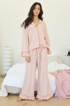 Ready to ship. Our latest addition the day nap pajama, meant to be worn day and night! Featuring bamboo fabric, in gorgeous azo free dyes. Ruffles at the sleeve and the hem, elastic waist, and a super comfy fit. closes at the front with buttons. Machine wash ok. Feminine Pjs Pajama Set, Button Up Pjs Pajama Set, Night Pajamas For Women, Womens Pajamas Set, Classy Pajamas, Pretty Pyjamas, Pink Christmas Pajamas, Girly Pajamas, Ruffle Pajamas