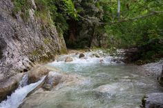 a river running through a lush green forest filled with rocks and water flowing down it's sides