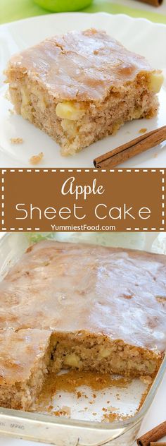 a close up of a cake on a plate with cinnamon sticks and apples in the background