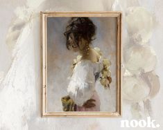 a painting of a woman holding a teddy bear in her arms and wearing a white dress