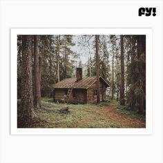 an old log cabin in the woods surrounded by tall trees and grass with a chimney