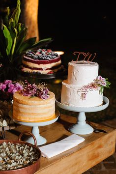 a table topped with three different cakes on top of wooden trays next to each other