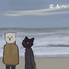 two cats standing next to each other on a beach