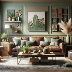 a living room filled with furniture and lots of plants on the wall above it's coffee table