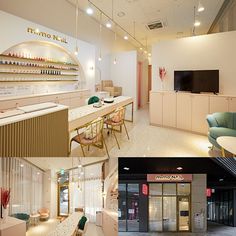 the inside of a nail salon with chairs, tables and counter tops in different colors