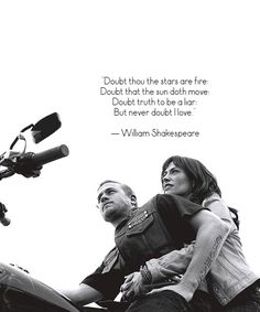 a man and woman sitting next to each other on a motorcycle with a quote from william shakespeare