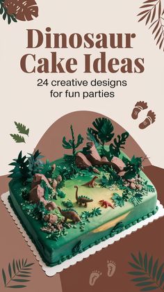 the cover of dinosaur cake ideas, featuring an image of dinosaurs on a green field