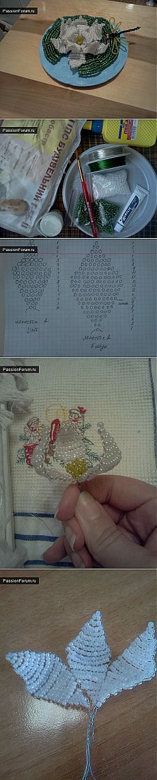 four different pictures showing how to make an embroidered bird ornament with beads and thread